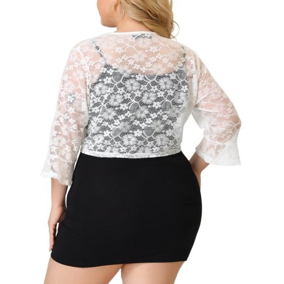 Women's Plus Cardigan Tie Front Floral Hollow Out Lace Draped Cover-Ups  WHITE - Picture 4 of 7